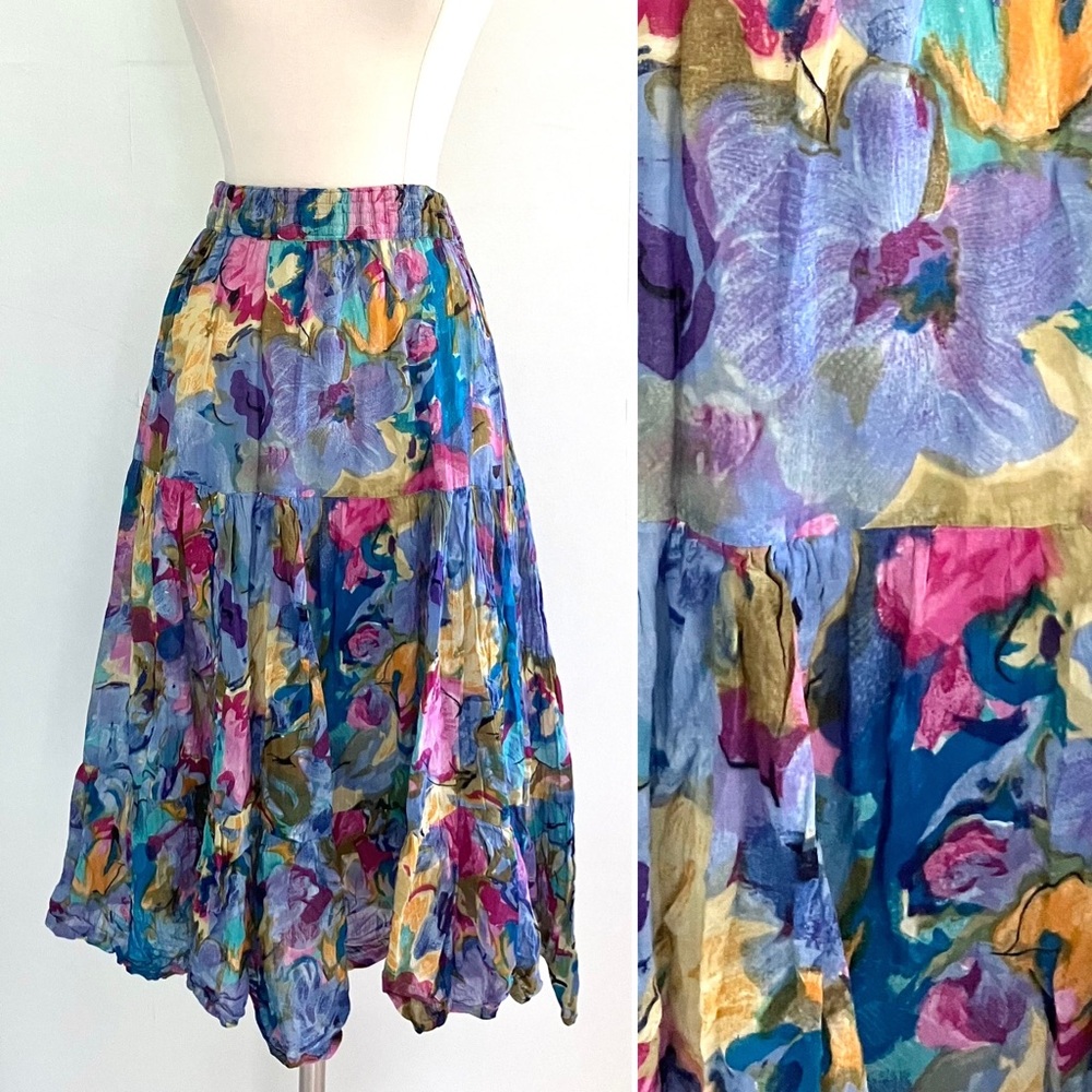 Vintage 80’s watercolor floral cotton gauze full skirt